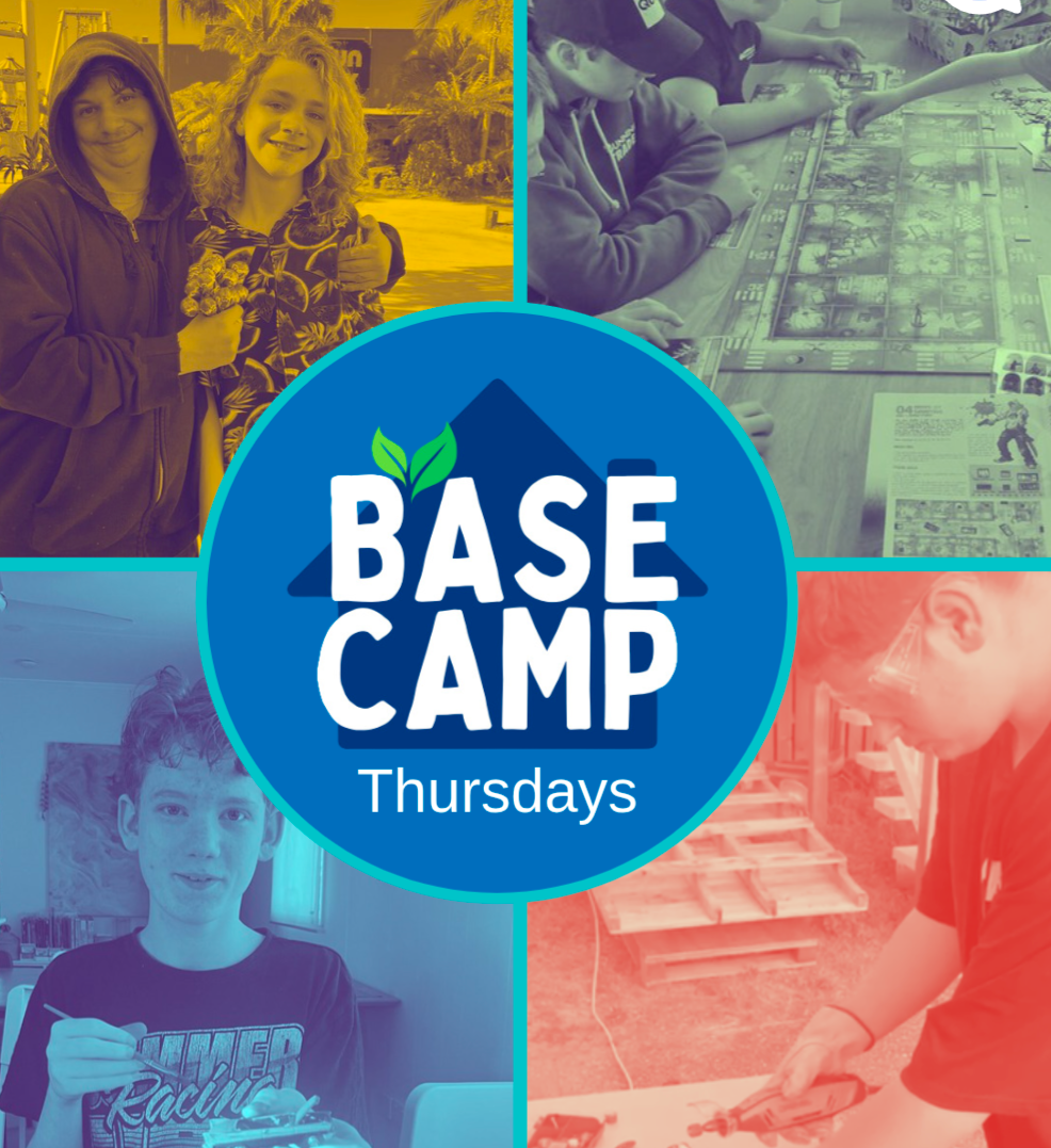 Base Camp Thursdays collage showing participants enjoying games, cooking and time together