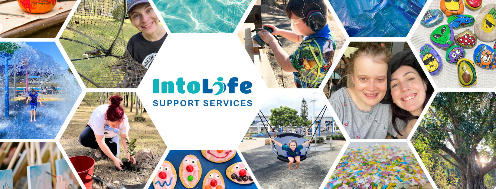 IntoLife family collage with people enjoying swimming, crafts, gardening and time outdoors